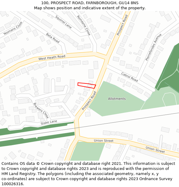 100, PROSPECT ROAD, FARNBOROUGH, GU14 8NS: Location map and indicative extent of plot