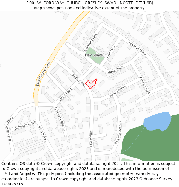 100, SALFORD WAY, CHURCH GRESLEY, SWADLINCOTE, DE11 9RJ: Location map and indicative extent of plot