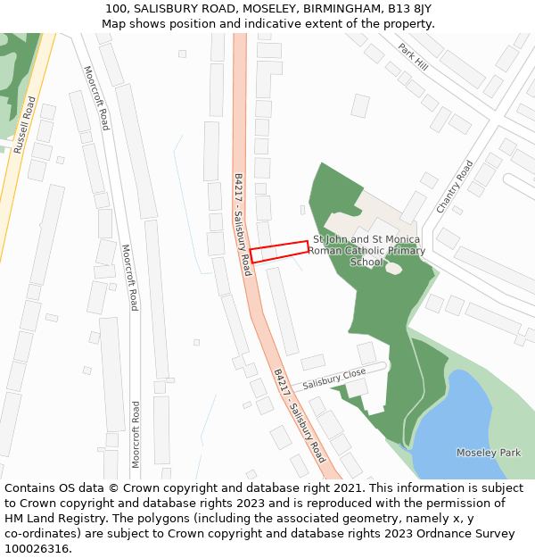 100, SALISBURY ROAD, MOSELEY, BIRMINGHAM, B13 8JY: Location map and indicative extent of plot