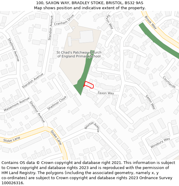 100, SAXON WAY, BRADLEY STOKE, BRISTOL, BS32 9AS: Location map and indicative extent of plot