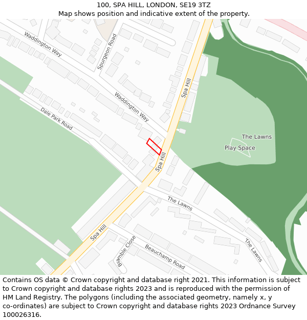 100, SPA HILL, LONDON, SE19 3TZ: Location map and indicative extent of plot