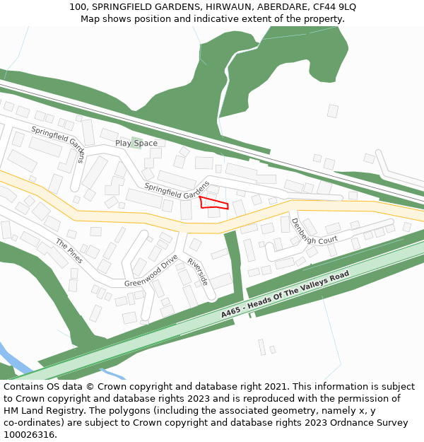 100, SPRINGFIELD GARDENS, HIRWAUN, ABERDARE, CF44 9LQ: Location map and indicative extent of plot