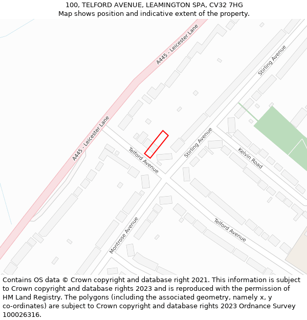 100, TELFORD AVENUE, LEAMINGTON SPA, CV32 7HG: Location map and indicative extent of plot