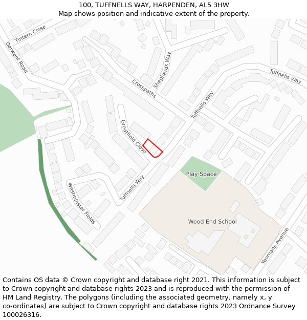 100, TUFFNELLS WAY, HARPENDEN, AL5 3HW: Location map and indicative extent of plot