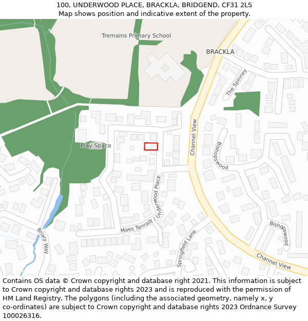 100, UNDERWOOD PLACE, BRACKLA, BRIDGEND, CF31 2LS: Location map and indicative extent of plot