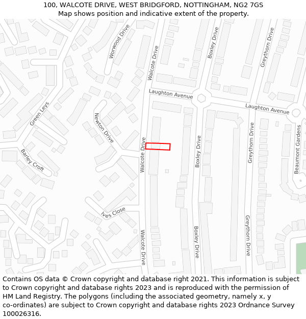 100, WALCOTE DRIVE, WEST BRIDGFORD, NOTTINGHAM, NG2 7GS: Location map and indicative extent of plot