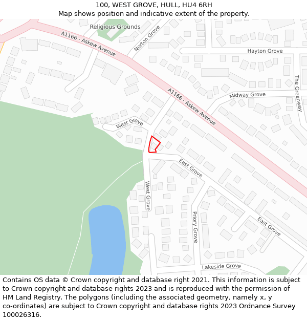 100, WEST GROVE, HULL, HU4 6RH: Location map and indicative extent of plot