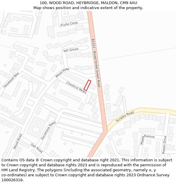 100, WOOD ROAD, HEYBRIDGE, MALDON, CM9 4AU: Location map and indicative extent of plot