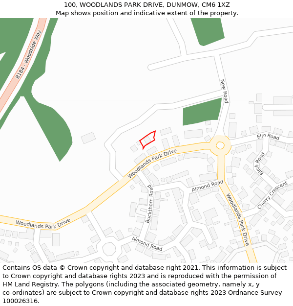 100, WOODLANDS PARK DRIVE, DUNMOW, CM6 1XZ: Location map and indicative extent of plot