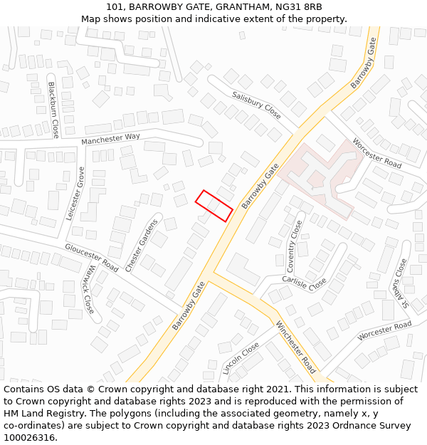 101, BARROWBY GATE, GRANTHAM, NG31 8RB: Location map and indicative extent of plot