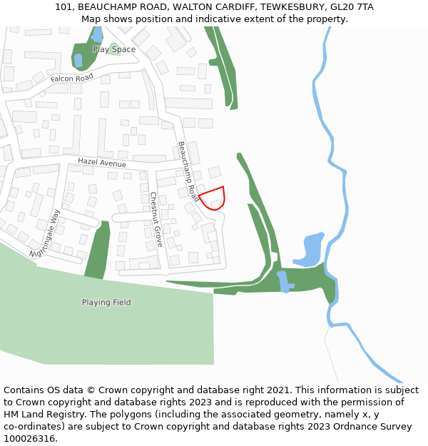 101, BEAUCHAMP ROAD, WALTON CARDIFF, TEWKESBURY, GL20 7TA: Location map and indicative extent of plot