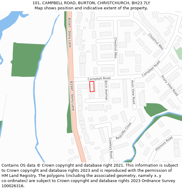 101, CAMPBELL ROAD, BURTON, CHRISTCHURCH, BH23 7LY: Location map and indicative extent of plot