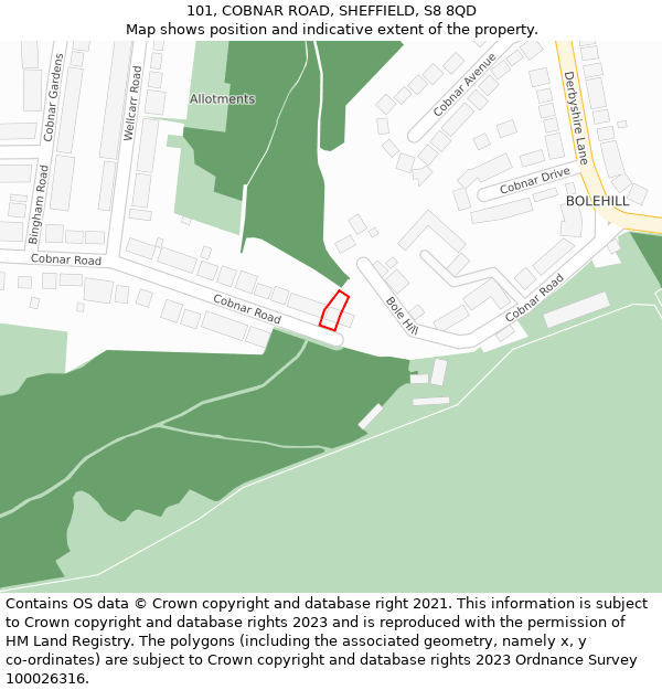 101, COBNAR ROAD, SHEFFIELD, S8 8QD: Location map and indicative extent of plot