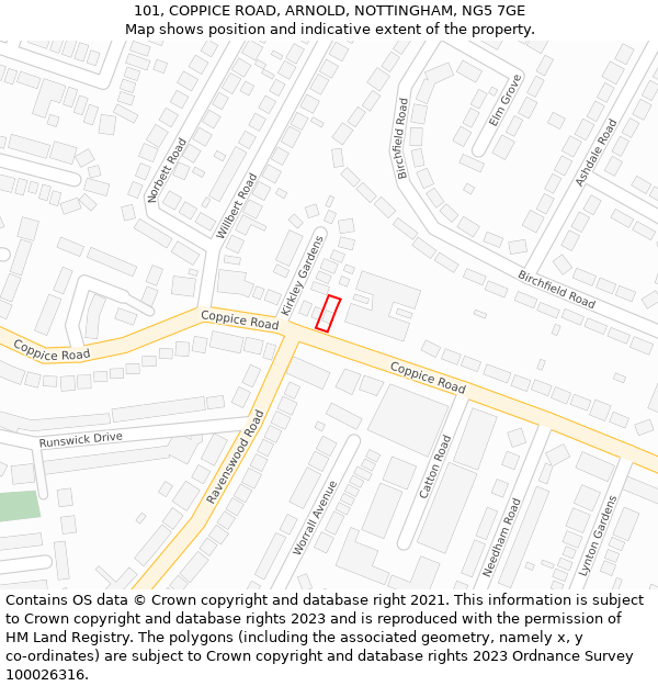 101, COPPICE ROAD, ARNOLD, NOTTINGHAM, NG5 7GE: Location map and indicative extent of plot