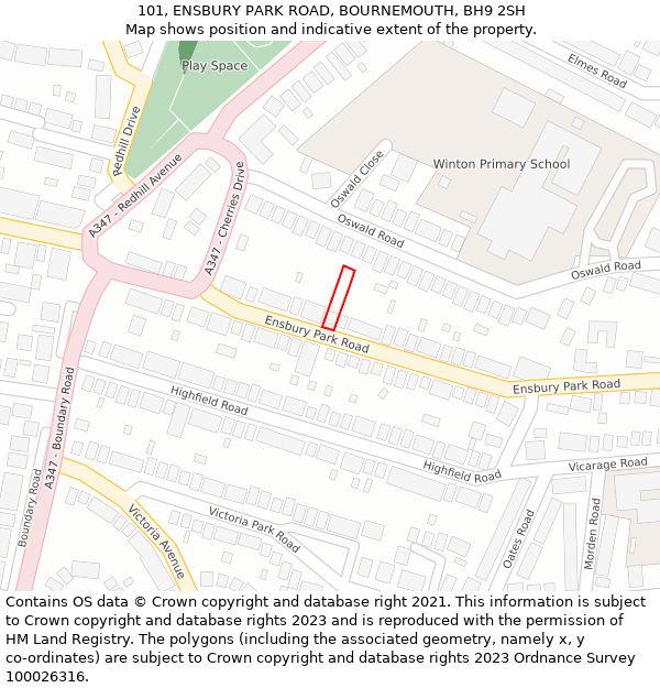 101, ENSBURY PARK ROAD, BOURNEMOUTH, BH9 2SH: Location map and indicative extent of plot