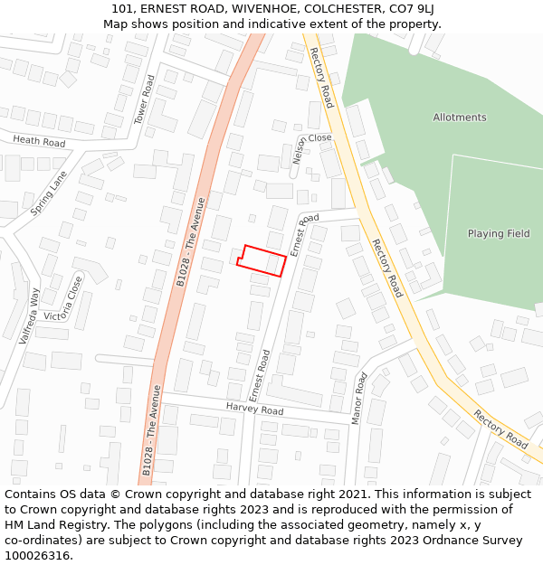 101, ERNEST ROAD, WIVENHOE, COLCHESTER, CO7 9LJ: Location map and indicative extent of plot