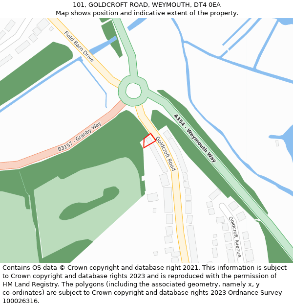 101, GOLDCROFT ROAD, WEYMOUTH, DT4 0EA: Location map and indicative extent of plot