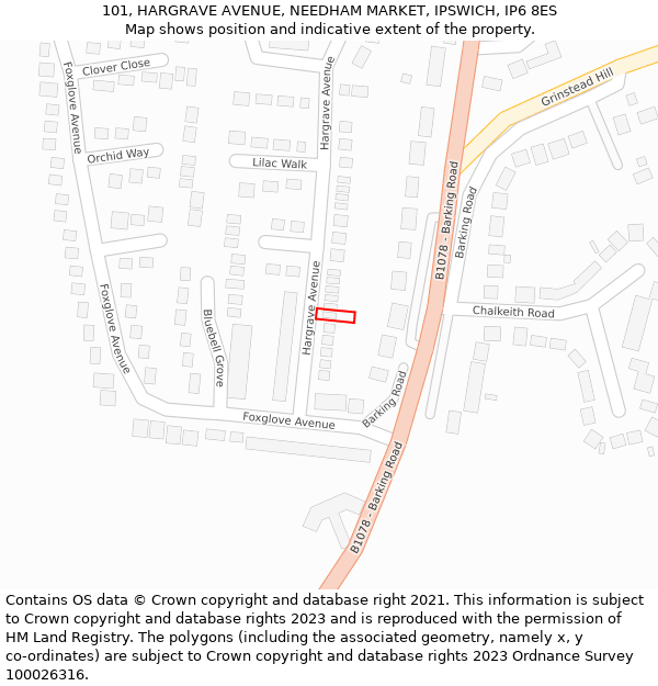 101, HARGRAVE AVENUE, NEEDHAM MARKET, IPSWICH, IP6 8ES: Location map and indicative extent of plot