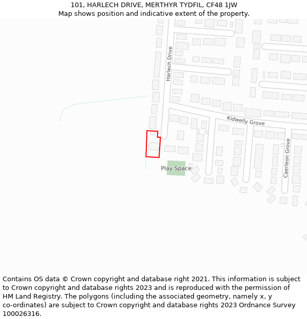 101, HARLECH DRIVE, MERTHYR TYDFIL, CF48 1JW: Location map and indicative extent of plot