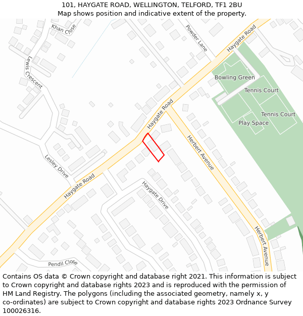 101, HAYGATE ROAD, WELLINGTON, TELFORD, TF1 2BU: Location map and indicative extent of plot