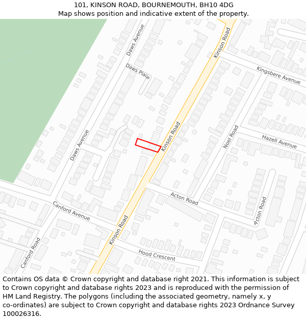 101, KINSON ROAD, BOURNEMOUTH, BH10 4DG: Location map and indicative extent of plot