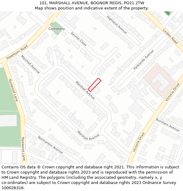 101, MARSHALL AVENUE, BOGNOR REGIS, PO21 2TW: Location map and indicative extent of plot