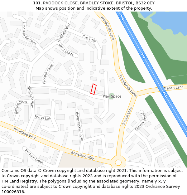 101, PADDOCK CLOSE, BRADLEY STOKE, BRISTOL, BS32 0EY: Location map and indicative extent of plot