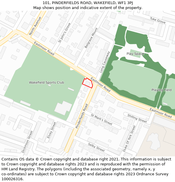 101, PINDERFIELDS ROAD, WAKEFIELD, WF1 3PJ: Location map and indicative extent of plot