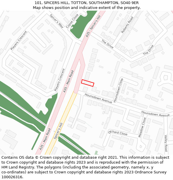 101, SPICERS HILL, TOTTON, SOUTHAMPTON, SO40 9ER: Location map and indicative extent of plot