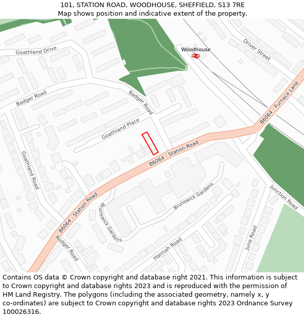 101, STATION ROAD, WOODHOUSE, SHEFFIELD, S13 7RE: Location map and indicative extent of plot