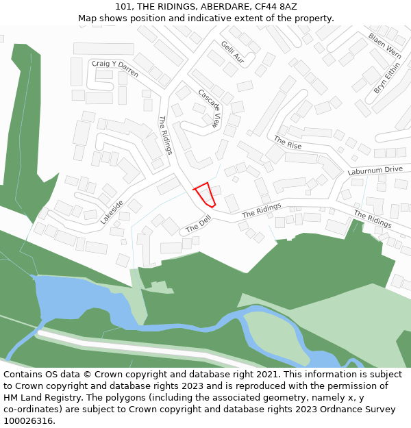 101, THE RIDINGS, ABERDARE, CF44 8AZ: Location map and indicative extent of plot
