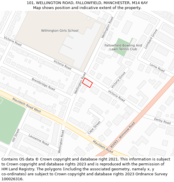 101, WELLINGTON ROAD, FALLOWFIELD, MANCHESTER, M14 6AY: Location map and indicative extent of plot