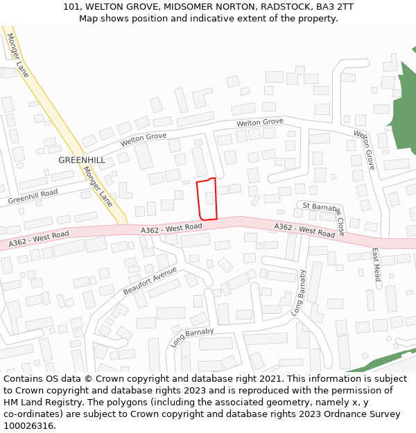 101, WELTON GROVE, MIDSOMER NORTON, RADSTOCK, BA3 2TT: Location map and indicative extent of plot