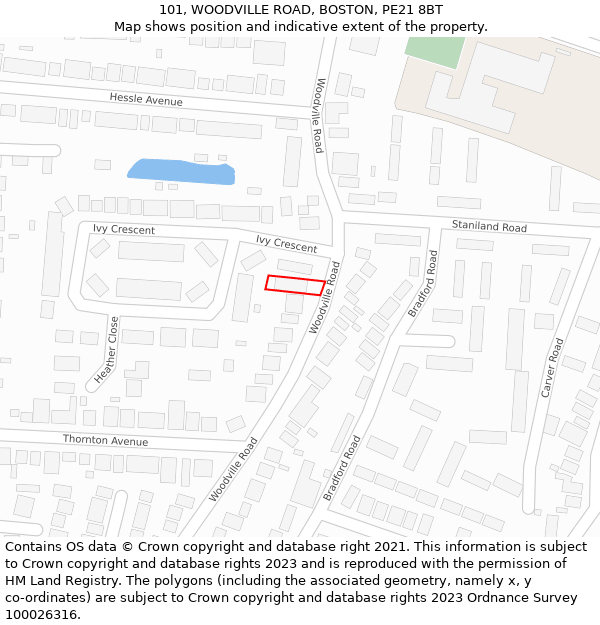 101, WOODVILLE ROAD, BOSTON, PE21 8BT: Location map and indicative extent of plot