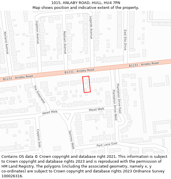 1015, ANLABY ROAD, HULL, HU4 7PN: Location map and indicative extent of plot