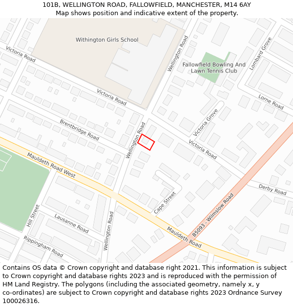 101B, WELLINGTON ROAD, FALLOWFIELD, MANCHESTER, M14 6AY: Location map and indicative extent of plot