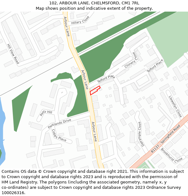 102, ARBOUR LANE, CHELMSFORD, CM1 7RL: Location map and indicative extent of plot