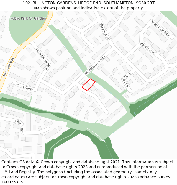 102, BILLINGTON GARDENS, HEDGE END, SOUTHAMPTON, SO30 2RT: Location map and indicative extent of plot