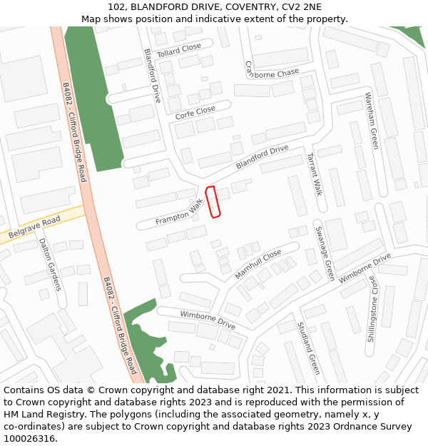 102, BLANDFORD DRIVE, COVENTRY, CV2 2NE: Location map and indicative extent of plot