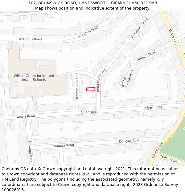 102, BRUNSWICK ROAD, HANDSWORTH, BIRMINGHAM, B21 9AB: Location map and indicative extent of plot