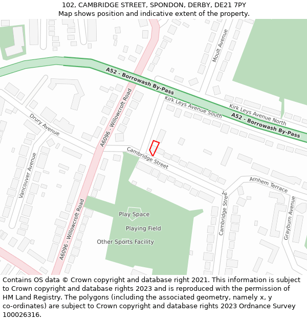 102, CAMBRIDGE STREET, SPONDON, DERBY, DE21 7PY: Location map and indicative extent of plot