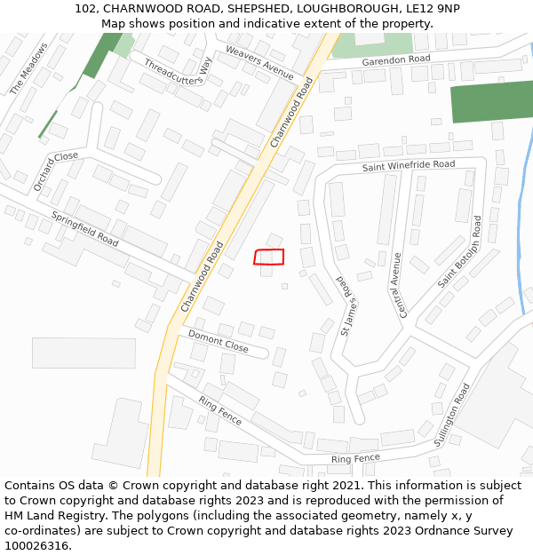 102, CHARNWOOD ROAD, SHEPSHED, LOUGHBOROUGH, LE12 9NP: Location map and indicative extent of plot