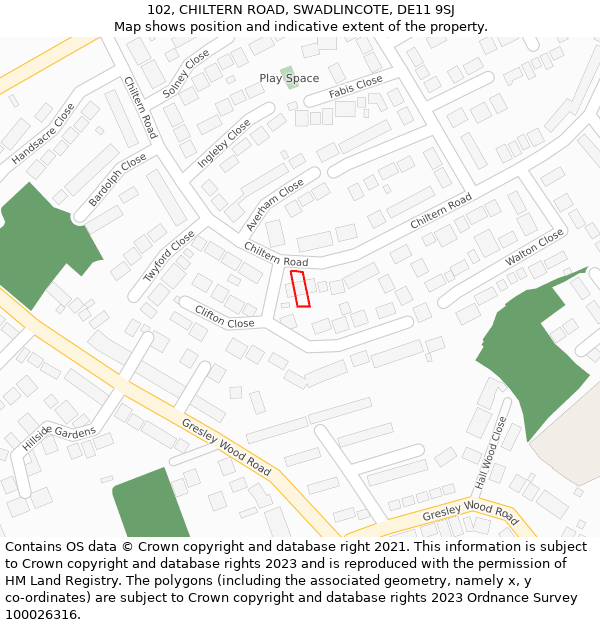 102, CHILTERN ROAD, SWADLINCOTE, DE11 9SJ: Location map and indicative extent of plot