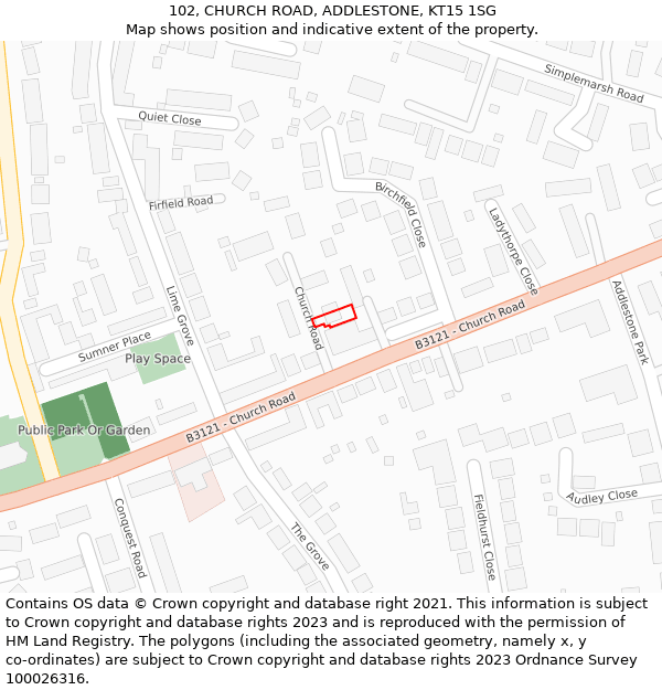 102, CHURCH ROAD, ADDLESTONE, KT15 1SG: Location map and indicative extent of plot