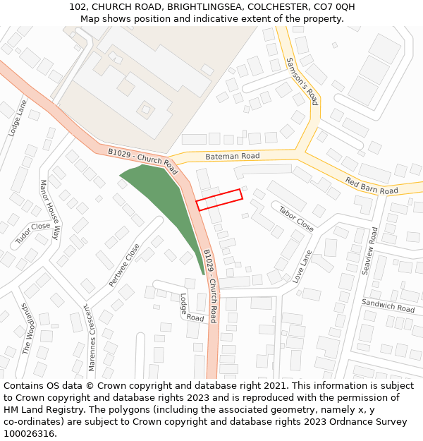 102, CHURCH ROAD, BRIGHTLINGSEA, COLCHESTER, CO7 0QH: Location map and indicative extent of plot