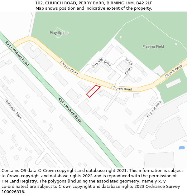 102, CHURCH ROAD, PERRY BARR, BIRMINGHAM, B42 2LF: Location map and indicative extent of plot