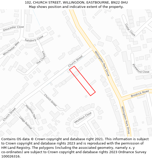 102, CHURCH STREET, WILLINGDON, EASTBOURNE, BN22 0HU: Location map and indicative extent of plot