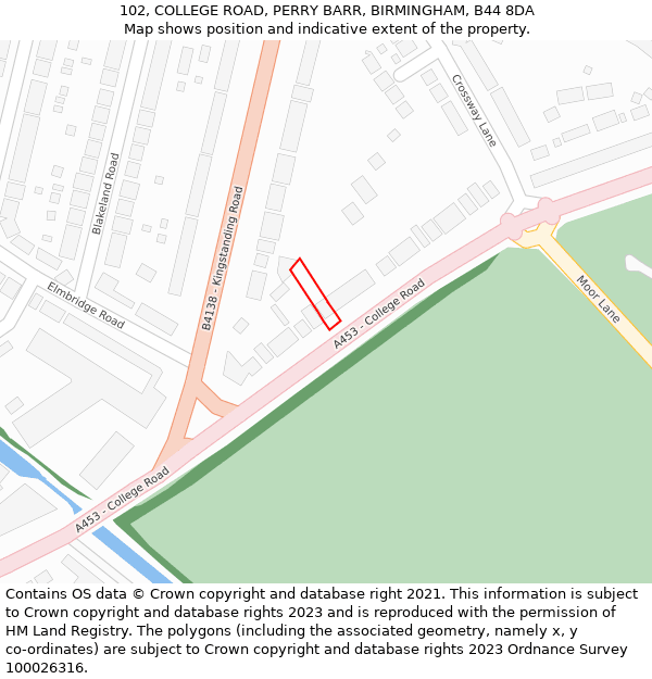 102, COLLEGE ROAD, PERRY BARR, BIRMINGHAM, B44 8DA: Location map and indicative extent of plot