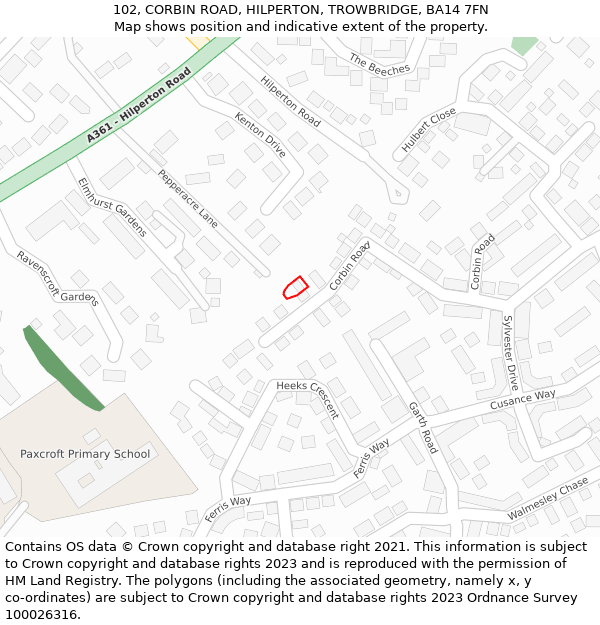 102, CORBIN ROAD, HILPERTON, TROWBRIDGE, BA14 7FN: Location map and indicative extent of plot