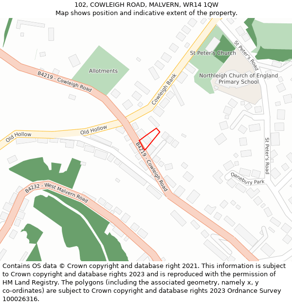 102, COWLEIGH ROAD, MALVERN, WR14 1QW: Location map and indicative extent of plot